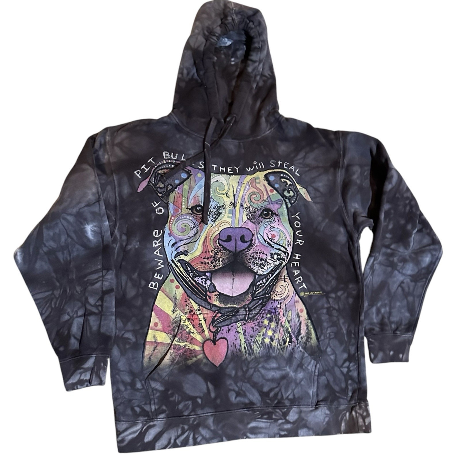 The Mountain Hoodie Mens L Gray Dog Pit Bull Tie Dye Puppy Pullover Sweatshirt